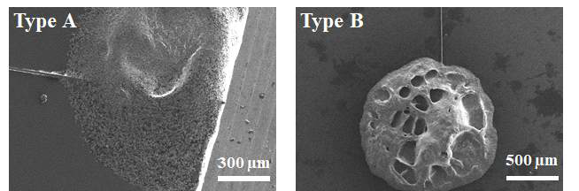 은 전극 표면 주사전자현미경 이미지 (좌) A타입 (우) B타입