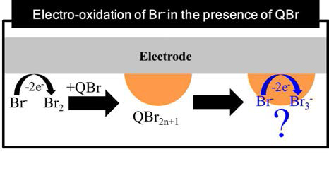 QBr 첨가시 전기화학적 Br- 산화 반응에 의한 QBr2n+1 방울 형성 및 QBr2n+1 방울에서의 Br- 산화 반응 모식도