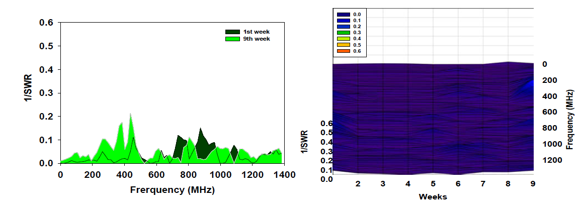 직접 측정 시 급수 전/후에 따른 뉴기니아 임파텐스의 1/SWR 변화 차이 결과 ((좌): 1주와 9주 결과, (우): 1주부터 9주 결과)