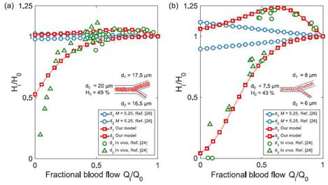 In vivo 혈관에서 실험값 (초록) 과 기존모델 (파랑) 그리고 새로운 모델 (빨강) 비교