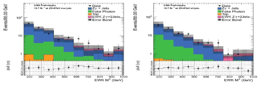두 개의 제트의 불변질량에 대한 모의시늉과 데이터와의 비교, (왼쪽: 뮤온채널, 오른쪽: 전자채널)