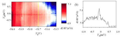 (a) 2차원 미분 전도도 spectroscopy, G(Vsd,Vg) (b) Vg=-53.7V에서의 G(Vsd)