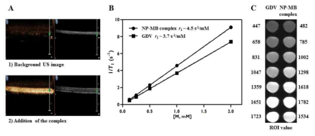 제조된 다기능성 마이크로 버블-나노입자 복합체의 물리화학적 특성 분석; 초음파 조영제로의 기능 (A)과 MRI 조영제로의 기능 (B, C)
