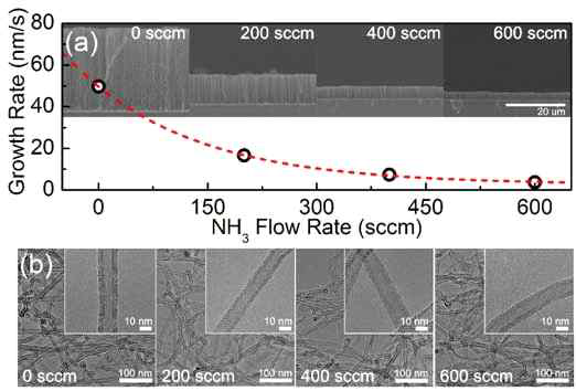NH3 주입량에 따라 합성되어진 탄소나노튜브의 (a) SEM 이미지와 (b) TEM 이미지