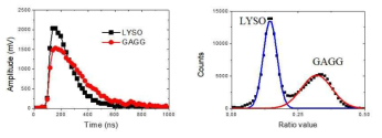 LYSO와 GAGG 2종 섬광결정의 신호파형(좌)와 반응위치 판별오차 그래프(우)