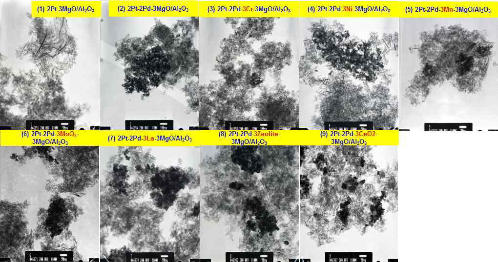 조촉매에 따른 제조된 9종의 NGOC의 TEM 이미지