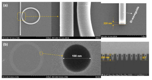 (a) 220 nm 두께의 광도파로와 이와 결합된 마이크로링 광변조기 소자. (b) 마이크로링 광변조기에 형성된 100 nm 직경의 나노홀 (식각된 두께 = 220 nm)