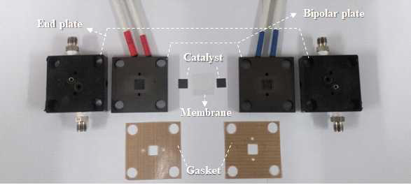 고분자 전해질 막 기반의 물 전기분해 단위 전지의 구성 요소 사진
