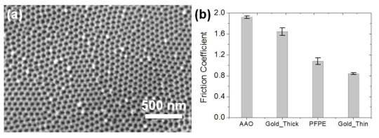(a) 나노윤활소재의 트라이볼로지적 특성 평가를 위한 AAO 시편 전자현미경 사진 (b) 다양한 고체윤활제를 AAO에 적용할 경우 나타나는 마찰계수