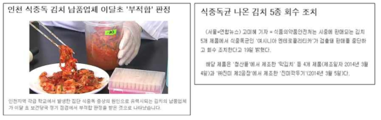 김치와 관련된 식중독균 검출 및 식중독 유발 사고의 예