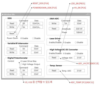 DDS, ADC, Temp. Sensor, Laser Driver 등의 기능 확인을 위해 구현된 GUI