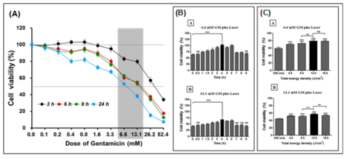 GM의 농도와 레이저의 치료시점 및 강도 설정. (A) GM의 농도에 따른 세포생존률의 변화. (B) 6.6 mM과 13.1 mM에서 적절한 레이저 조사 시점. (C) 6.6 mM과 13.1 mM에서 적절한 레이저의 세기