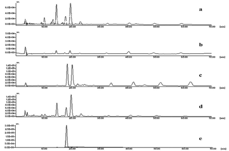 Representative HPLC chromatograms of the MeOH extract (a), CH2Cl2 fraction (b), EtOAc fraction (c), n-BuOH fraction (d), and the standard cassiaside (e)