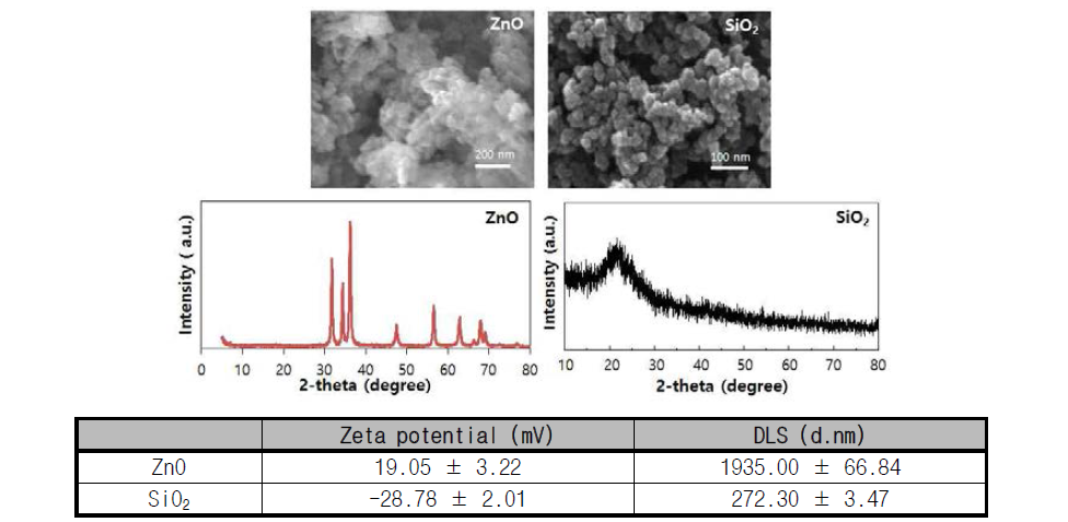 산화아연 및 이산화규소 나노물질의 SEM 이미지와 XRD pattern, 표면전하, 수분상 입자크기 분석 결과