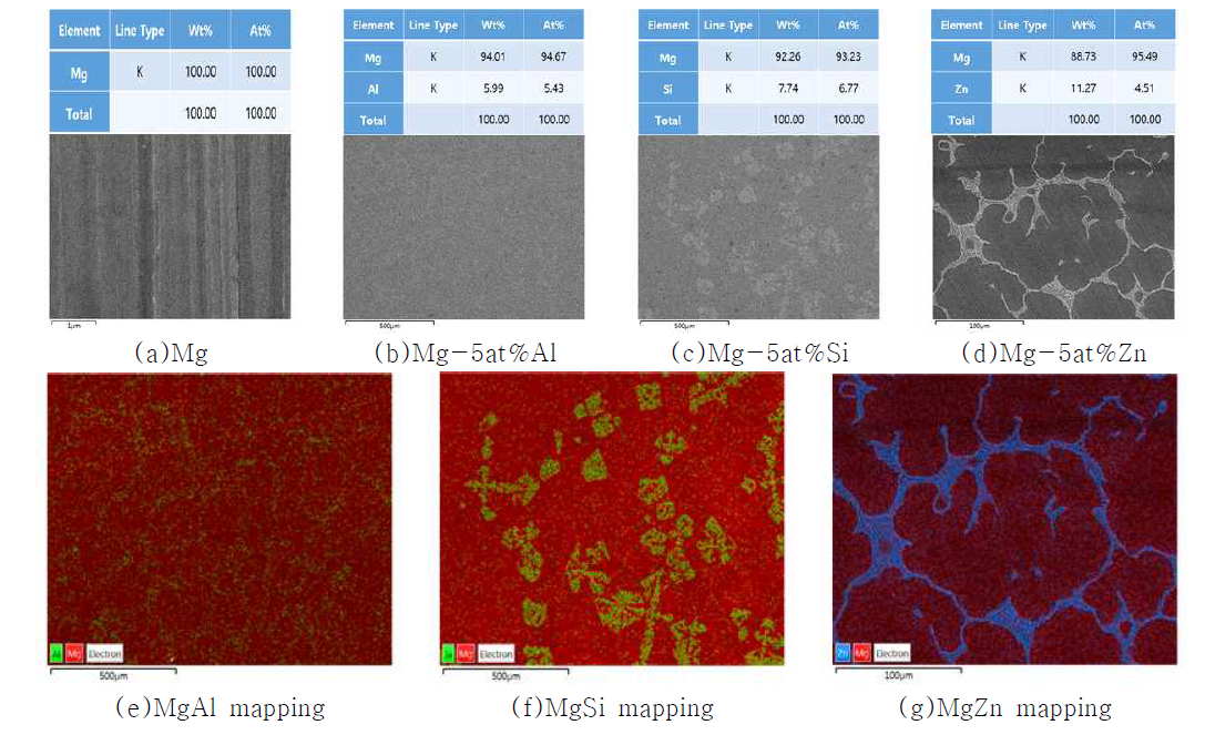 Mg, Mg-X(X=Al, Si, Zn)의 SEM 및 EDS분석 결과