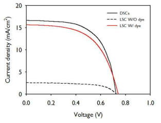 발광성 태양광 집광장치를 활용한 염료감응형 태양전지의 광전류밀도 특성 그래프