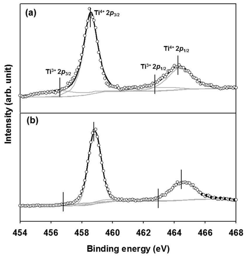 역전된 오팔 TiO2 전극과 기존 나노 입자형 상용 전극의 X-ray photoelectron spectroscopy(XPS) 결과 그래프