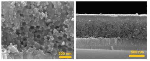 역전 오팔 TiO2 구조체의 상단 전자현미경 사진 (좌) 및 페로브스카이트 태양 전지의 단면 전자현미경 사진 (우)