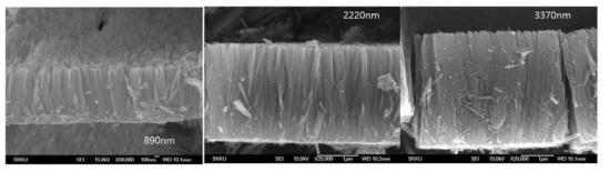 스핀코팅 5회 실시 후에 수열합성을 1회(좌), 2회(중), 3회(우) 반복하여 성장한 TiO2 나노 막대의 SEM 사진