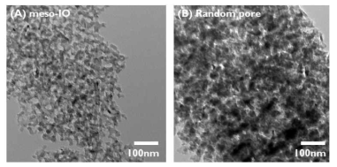 규칙적인 메조기공을 갖는 혹은 불규칙한 메조기공 구조를 갖는 광전극의 TEM 이미지