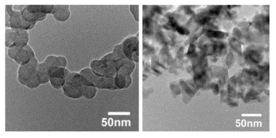 메조 역오팔 필름(위), 나노입자 TiO2 필름의 TEM 이미지