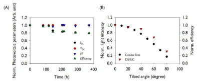 태양광 집광 장치가 접합된 태양전지의 장기간 안정성 그래프 및 태양광 입사각에 따른 효율 그래프
