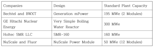 US에서 초기부터 개발이 진행되어 온 SMR 설계 목록