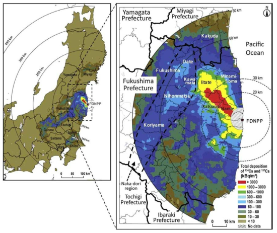 후쿠시마 발전소 주변의 방사능 세슘 농도 분포 추정도