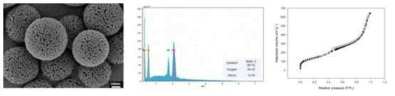 SiO2 다공성 실리카 나노입자의 SEM 이미지(좌), EDS 원소분석(중) 및 BET분석(우)