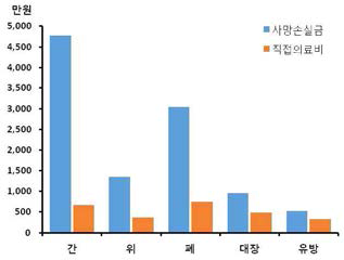 암종별 1인당 사망손실금과 직접의료비