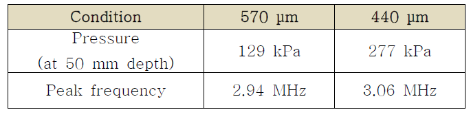 440 um 두께의 압전복합체를 적용한 질 삽입식 HIFU 치료헤드의 초점 파형과 주파수 스펙트럼 해석 결과