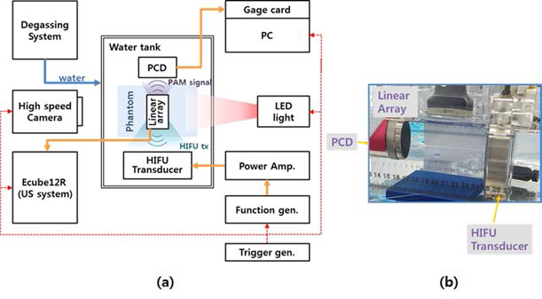 (a) cavitation 신호 분석을 위한 실험 환경 개념도 (b) 구축된 실제 실험 환경