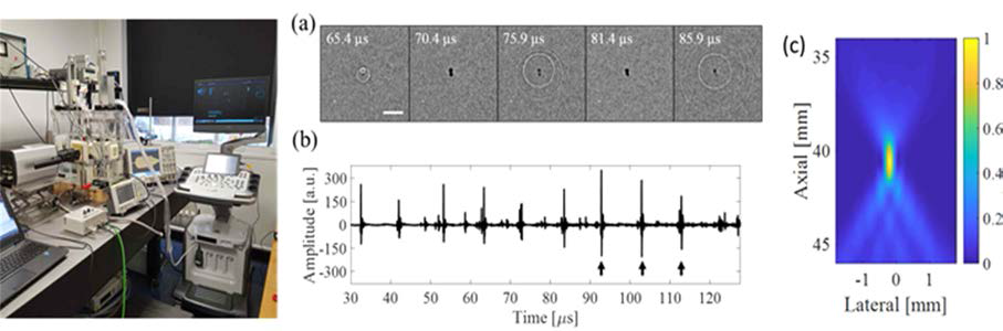 실험환경 및 실험결과 (a) 초고속 카메라를 이용한 cavitation 영상 (b) 획득된 cavitation 영상 (c) PAM reconstruction 결과