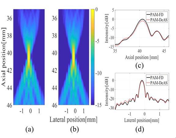 PAM 성능 평가를 위한 실험 결과 (a) conventional PAM-FD 영상 (b) 제안하는 PAM-DeAS 영상 (c) axial- and (d) lateral beam profile