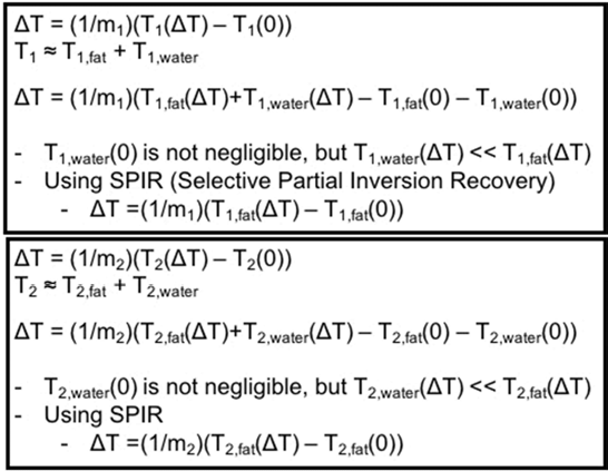 Fat-only T1 (또는 T2) 및 water-only PRF-based MR thermometry의 수식