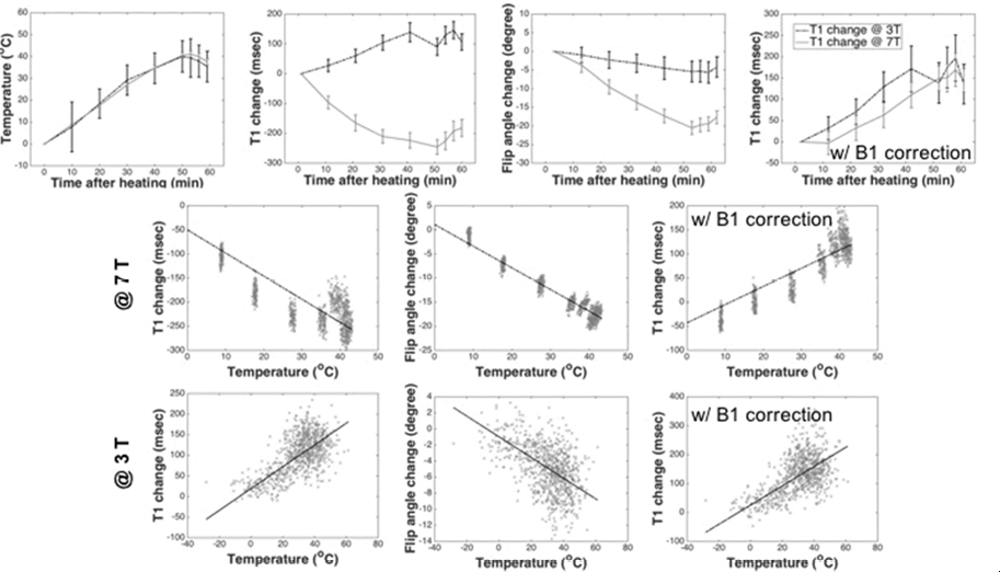 3 T MRI와 7 T MRI에서 PRF 기반 온도영상과 T1, T2의 변화량