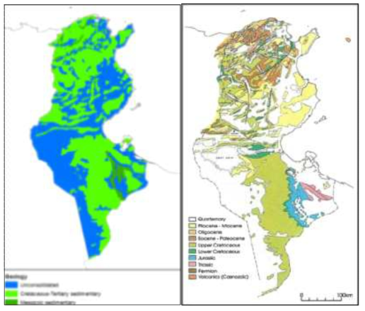 Geological map (Geology of Tunisia at 1:50,000 scale. Developed from USGS map (Persits et al. 2002)) and Quarries in Tunisia (Ameur et al., 2014)