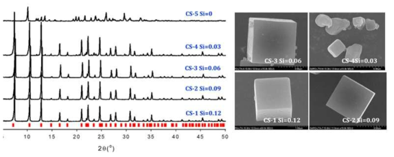 Si/Al 몰비에 따른 SAPO-CNU 제올라이트의 X-선 회절분석 결과 및 주사전자현미경 이미지
