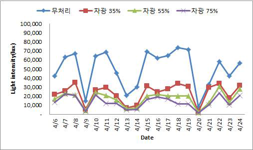 실험온실 조도량 변화(2016)