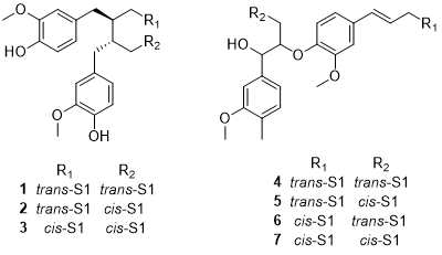 상동나무 가지에서 분리된 diphenylpropanoyl (neo)lignan 성분의 구조