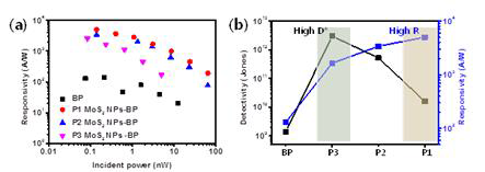 (a) 입사광 Power에 따른 MoS2 나노 입자/BP 박막 hybrid 광검출 소자의 광반응성 (b) MoS2 나노 입자 밀도에 따른 광검출 소자의 광반응성과 Detectivity 분포 그래프