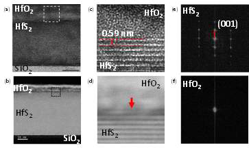 HfO2/HfS2 vertical hybrid 구조의 TEM 이미지 (a), STEM 이미지 (b), 고배율 TEM 이미지 (c), 고배율 STEM 이미지 (d), HfS2 의 SAED pattern (e), HfO2 의 SAED pattern (f)