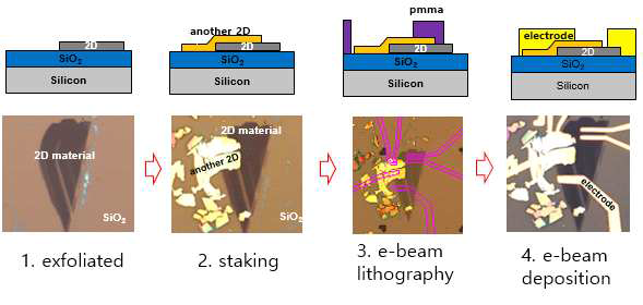 2D/2D 접합 소자의 공정 순서: 공정단계는 exfoliated, stacking, e-beam lithography, e-beam deposition 단계로 나누어진다