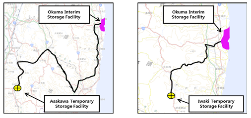 제염폐기물 운반 경로 (아사카와 정 - 오쿠마 정(좌), 이와키 시 - 오쿠마 정(우))
