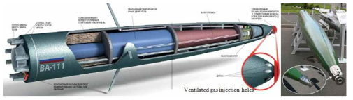 러시아에서 개발한 BA-111 초공동 어뢰의 가스 분사홀(좌)과 Shkval의 분사버킷(우)