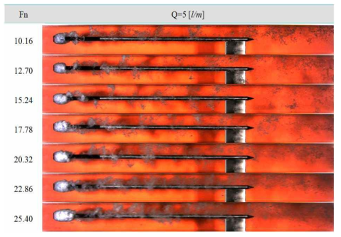 유속변화에 따른 분사공동 발생 특성(Q=5ℓ/m)
