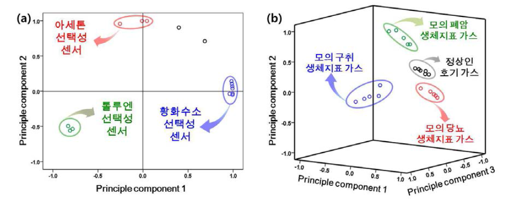 본 연구그룹에서 개발한 16종 센서 어레이를 이용한 주성분 분석 결과. (a) 다양한 가스 (CH3COCH3, H2S, C7H8)에 대한 주성분 분석 수행 결과 및 (b) 16센서 어레이를 이용한 6명의 정상인 호기 가스 군과 모의로 제작된 폐암 (톨루엔 1-5 ppm), 구취 (황화수소 1-5 ppm), 당뇨병 (아세톤 1-5 ppm) 생체지표 가스 군의 주성분 분석 결과