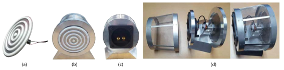 (a) 복합재 요철을 구비한 요철판형 트랜스듀서 (b) 케이스 장착 후 전면부, (c) 후면부, (d) 상부 사진