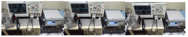 좌 : 68.8kHz 구동 모습, 중 : 70kHz 구동 모습, 우 : 72.2kHz 구동 모습 (노란색 : 전압, 파란색 : 전류)