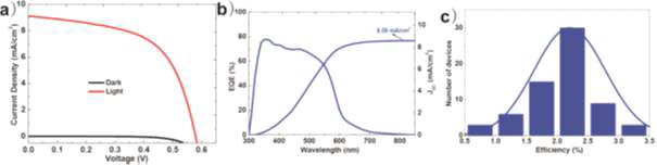 가장 효율적인 SbSI 태양전지의 어두운 조건과 AM 1.5G의 표준 조명 조건 (100 mW/cm2) 아래에서의 (a) J-V 곡선과 (b) EQE 스펙트럼. (c) 독립적으로 제작된 66개 소자로부터 얻어진 소자 효율에 관한 히스토그램 (histogram)